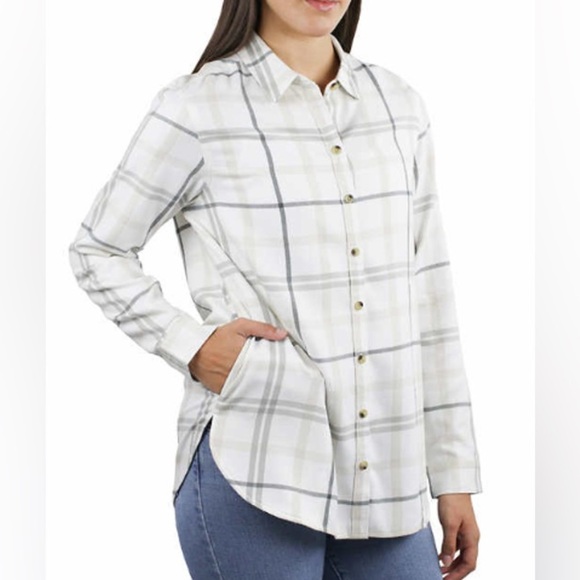 Jachs Girlfriend Womens XL Plaid Flannel Shirt Shacket Pockets Long Sleeve White - Picture 1 of 6